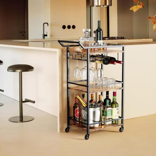 1 3 Tier Bar Cart, Mini Liquor Utility Cart for Wine Beverage Dinner Party, Rolling Wine Coffee Drink Serving Cart with Lockable Wheels for Home Kitchen Bars (Rustic Brown)