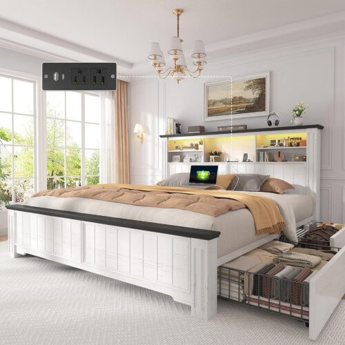1 EnHomee Queen Bed Frame with Headboard, Bed Frame Queen Size with 4 Drawers Charging Port & LED, Farmhouse Queen Bed Built in Charging Station,No Box Spring Needed,NO Noise,White with Grain Marks