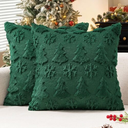 1 MIULEE Christmas Throw Pillow Covers 20x20 Set of 2 Christmas Decorations Dark Green Soft Plush Faux Fur Wool Xmas Tree Snowflakes Pillowcases Holiday Festivals Winter Home Decor Sofa Couch Bed Porch