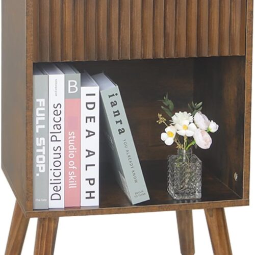 1 Mid Century Modern Nightstand, Wood Bedside Table with Drawer and Opening Storage, End Table Living Room Fluted Night Stand with Solid Wood Legs for Bedroom (Rustic Brown)
