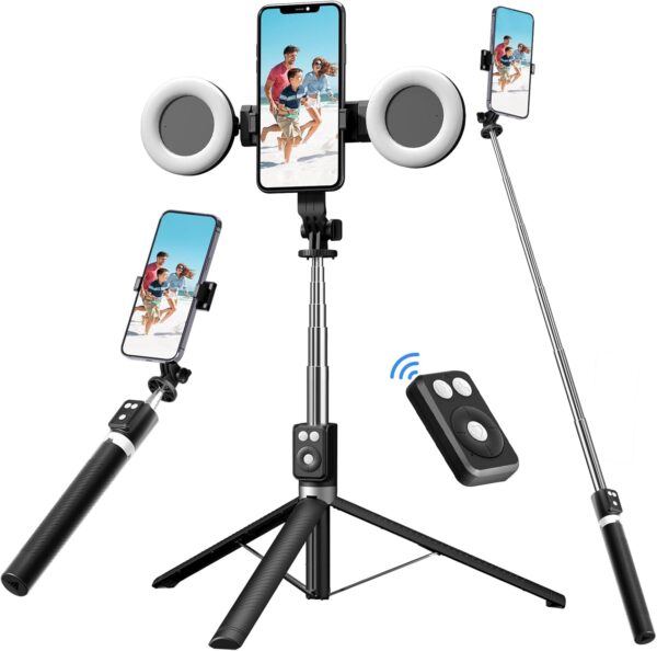 Selfie Stick Tripod with Fill Light, Phone Selfie Stick,Durable Stainless Steel Design,Bluetooth Remote Control,and Stable Three-Legged Support for Live Broadcasts,Video Shooting (Black) 1
