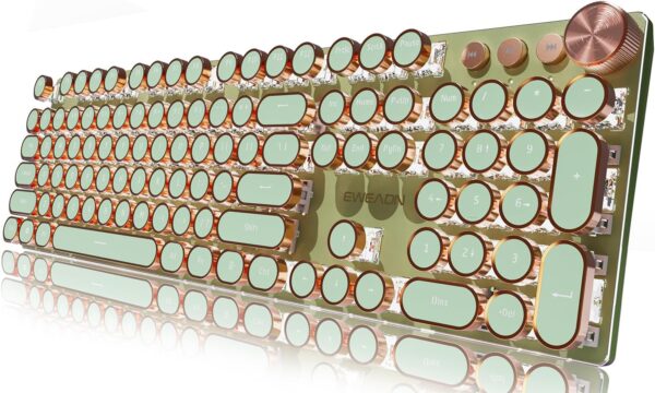 EWEADN Typewriter Style Mechanical Gaming Keyboard, Wired Mechanical Keyboards,104 Keys Backlit LED Keyboards, Media Control Knob, Wired Computer Keyboard Pink Switch for Windows/Mac/PC-Green 1