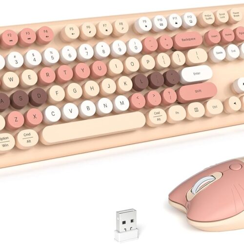 1 MOFII Wireless Keyboard and Mouse Combo, Full-Sized Colorful Typewriter Keyboard with Round Keycaps, 2.4G Cute Mouse Compatible with PC/Laptop/Computer,Milk Tea Color