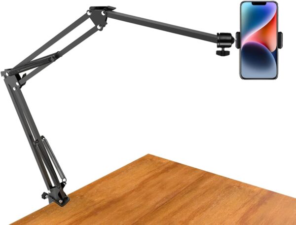 Overhead Tripod Mount for Camera Webcam Ring Light, Long Over Head Articulating Arm with Phone Holder and Ball Head, Desktop Lazy Arm Clamp Phone Stand Accessory for Live Streaming,Video Recording 1