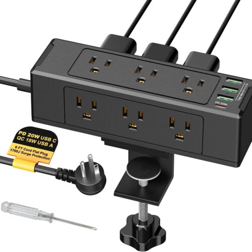 1 Desk Clamp Power Strip with USB C, Desk Surge Protector with 9 AC Plugs & 4 USB Ports, Desktop Edge Mount Charging Station, 6 FT Flat Plug, Removable Clamp