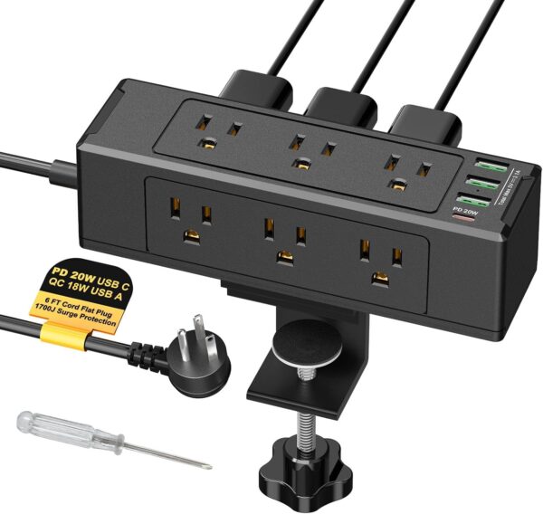 Desk Clamp Power Strip with USB C, Desk Surge Protector with 9 AC Plugs & 4 USB Ports, Desktop Edge Mount Charging Station, 6 FT Flat Plug, Removable Clamp 1