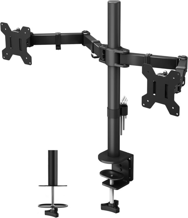BONTEC Dual Monitor Desk Mount, Full Motion Adjustable Monitor Stand for 13–27 Inch Screens, Heavy Duty Arms Hold Up to 22 lbs Each, VESA 75x75/100x100 mm, C Clamp and Grommet Base, Cable Management 1 Mount