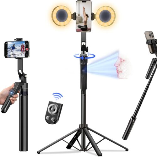 1 Auto Face Tracking Selfie Stick Tripod for iPhone with Light 70.9" Phone Camera Tripod Stand 360 Rotation Follows Your Movement with Wireless Remote for Content Creator Vlog Live Stream Video Record