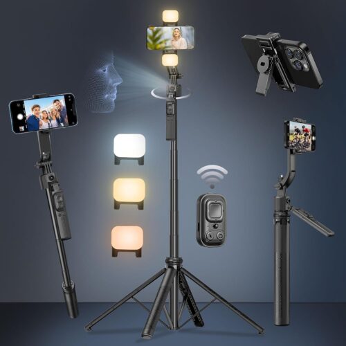 1 Auto Face Tracking Selfie Stick Tripod for iPhone with Light,360 Rotation That Follows Your Movement,63" Phone Camera Tripod Stand with Remote for Content Creator Vlog Live Stream Video Recording
