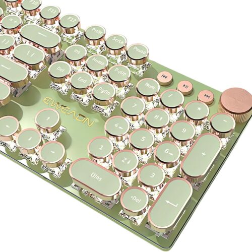 1 Typewriter Style Mechanical Gaming Keyboard White LED Backlit 104-Key NKRO Pink Switches Retro Round Keycaps Golden Ring Volume Knob Metal Panel Wired USB-C Detachable Cable, Matcha Green