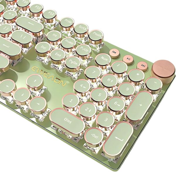Typewriter Style Mechanical Gaming Keyboard White LED Backlit 104-Key NKRO Pink Switches Retro Round Keycaps Golden Ring Volume Knob Metal Panel Wired USB-C Detachable Cable, Matcha Green 1