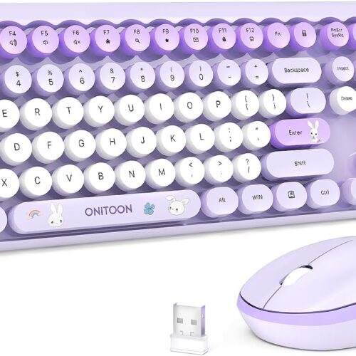 1 Wireless Keyboard and Mouse Combo, 2.4GHz Retro Full-Sized Keyboard and Wireless Quiet Mouse for Office PC Desktops Laptops Computer, Cute Bunny Theme, Purple