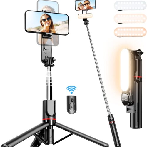 1 Stable Selfie Stick Tripod with Fill Light, 44 Inch Extendable Selfie Stick with Wireless Remote and Tripod Stand 360 Rotation for iPhone 15/14/13/12/11 Pro/XS Max/XS/XR/X/8/7, Samsung and Smartphone