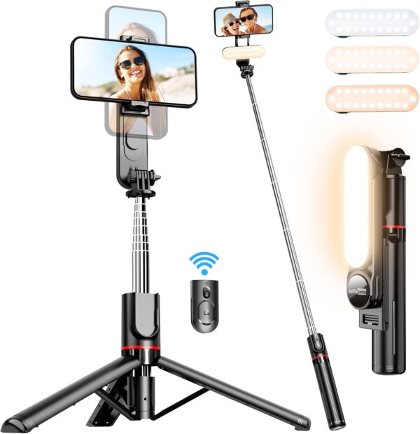 Stable Selfie Stick Tripod with Fill Light, 44 Inch Extendable Selfie Stick with Wireless Remote and Tripod Stand 360 Rotation for iPhone 15/14/13/12/11 Pro/XS Max/XS/XR/X/8/7, Samsung and Smartphone 1