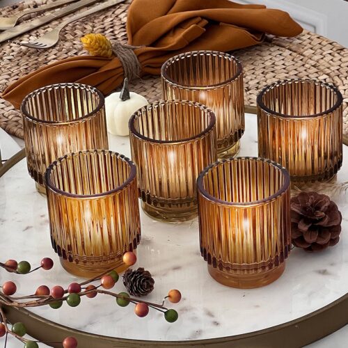 Vintage Glass Tealight & Amber Votive Candle Holders (Set of 6) – Rustic Fluted Candle Holder Set, Boho Home Decor, Wedding Table Centerpieces, Farmhouse Kitchen Table Decor