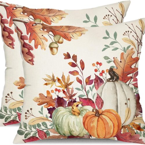 Fall Pillow Covers 18x18 inch Set of 2 Orange White Pumpkin Fallen Leaves Decorative Outdoor Throw Pillow Covers Autumn Thanksgiving Farmhouse Decoration for Home Couch TH27-A18