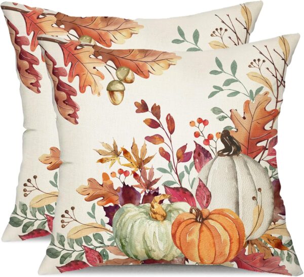 Fall Pillow Covers 18x18 inch Set of 2 Orange White Pumpkin Fallen Leaves Decorative Outdoor Throw Pillow Covers Autumn Thanksgiving Farmhouse Decoration for Home Couch TH27-A18 1