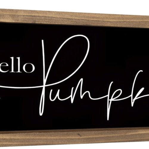 1 Hello Pumpkin Sign, 11.8×6 Inch Wooden Fall Decorative Signage Plaques Decor, Autumn Thanksgiving Indoor Table Top Wall Art Shelf Mantel Desk Rustic Farmhouse Home Decorations