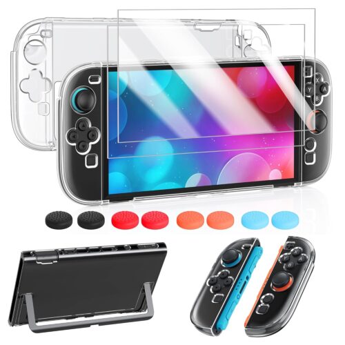 FYOUNG Clear Protective Case for Nintendo Switch 2(2025), Transparent Slim Hard Shell for Switch 2 Accessories, Scratch&Shock Protection Cover for Joycon 2 with Screen Protector, 8 Thumb Grip