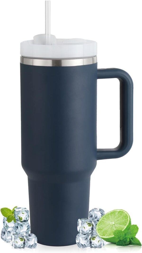 40oz Tumbler with Handle Straw Lid, Stainless Steel Vacuum | Insulated Reusable Travel Mug | Keep Drinks Cold | Ice Gym Cup | Gifts for Women Men Lovers | Car Holder Friendly | Navy Blue 1 Tumbler
