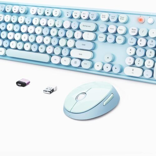 1 Wireless Keyboard and Mouse Combo, Ergonomic Full Size Typewriter Retro Round Keycaps Keyboard, Compatible with Windows, PC, Perfer for Home and Office Keyboards (Blue)