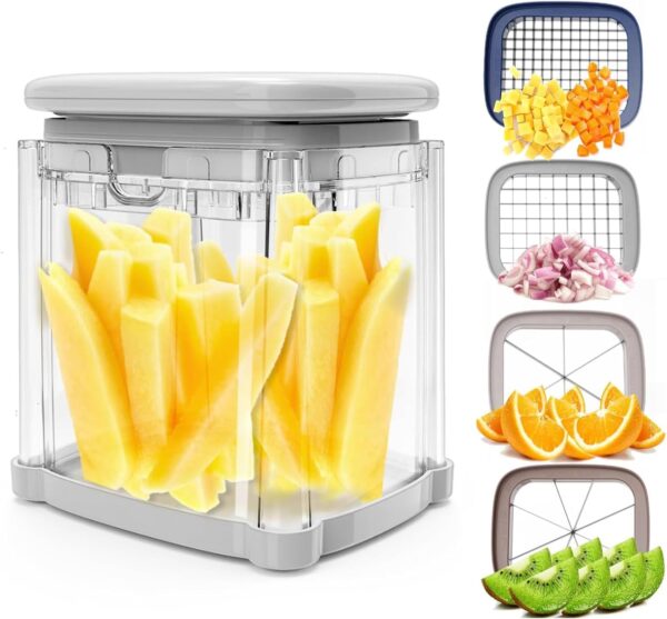French Fry Cutter 4-in-1 – Potato Cutter for Fries, Onion Dicer, Food Chopper & Apple Slicer – Manual Hand Vegetable Cutter with 4 Blades 1 Cutter