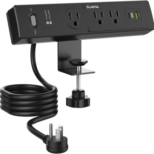 1 Desk Clamp Power Strip 6FT, Outlet Station with 3 Outlets, PD 20W Fast Charging, Flat Plug, 14 Gauge, 980J Surge Protector, Black Power Strip with USB C, Fit 1.72" Tabletop Edge
