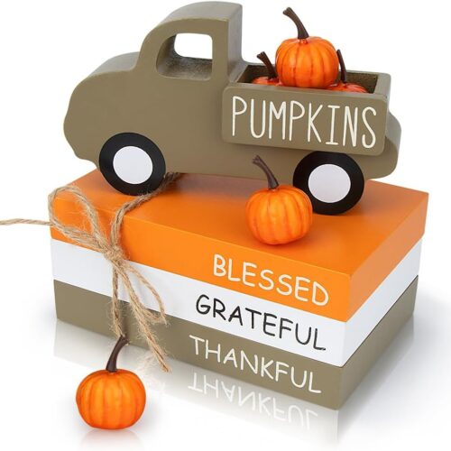 1 Fall Table Decor, Farmhouse Wooden Fall Signs with Book Stack, 3D Truck and 5 Individual Pumpkins for Tiered Tray