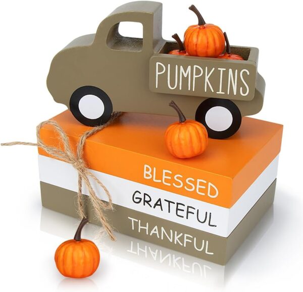 Fall Table Decor, Farmhouse Wooden Fall Signs with Book Stack, 3D Truck and 5 Individual Pumpkins for Tiered Tray 1