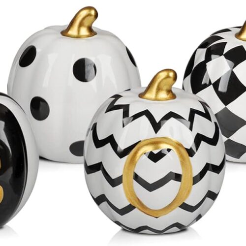 Halloween Decorations Indoor - Set of 6 Ceramic Halloween Pumpkin Decor - Assorted Black and White Boo Pumpkins for Fall Autumn Home Decor