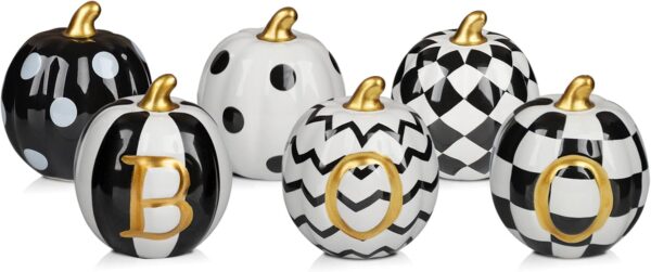 Halloween Decorations Indoor - Set of 6 Ceramic Halloween Pumpkin Decor - Assorted Black and White Boo Pumpkins for Fall Autumn Home Decor 1
