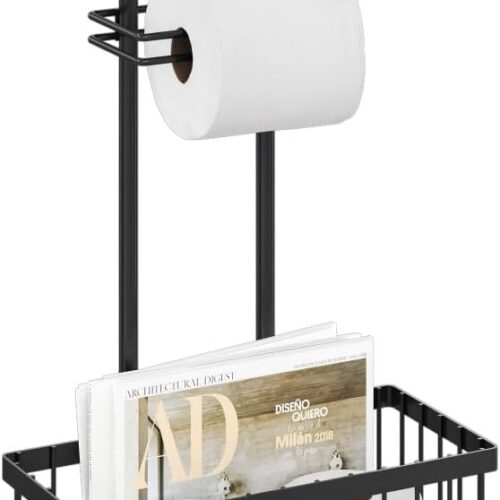 1 Freestanding Toilet Paper Holder Toilet Tissue Rack Scroll Stand Roll Dispenser with Storage Shelf Reserve for Phone Tablet Magazine Bathroom Organizer Bath Tissue Organizer (Black)