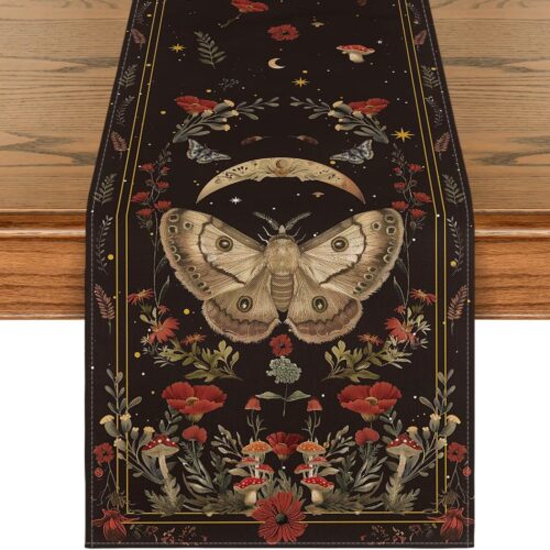 1 Poppy Moth Mushroom Moon Fall Table Runner, Seasonal Autumn Kitchen Dining Table Decoration for Home Party Decor 13x72 Inch