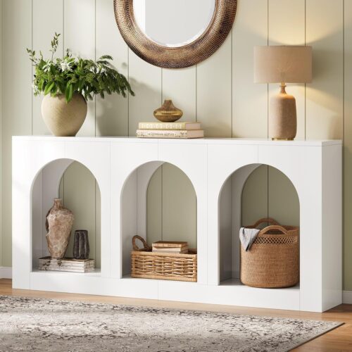 1 70.9" White Console Table with Storage, Wood Entryway Entry Table with 3 Arched Shelves for Foyer, Hallway, Living Room, Behind Couch Sofa, Narrow Long