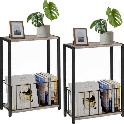 1 Narrow Side Tables Set of 2 with Magazine Holder, Skinny End Tables Perfect for Small Spaces, Space-Saving Design for Living Room, Bedroom, or Office, 7.1" D x 16.9" W x 23.6" H, Greige