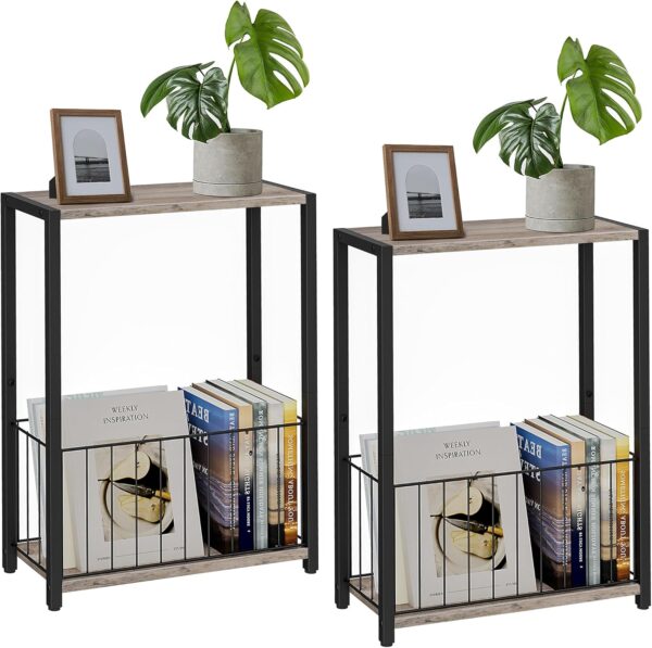 Narrow Side Tables Set of 2 with Magazine Holder, Skinny End Tables Perfect for Small Spaces, Space-Saving Design for Living Room, Bedroom, or Office, 7.1" D x 16.9" W x 23.6" H, Greige 1