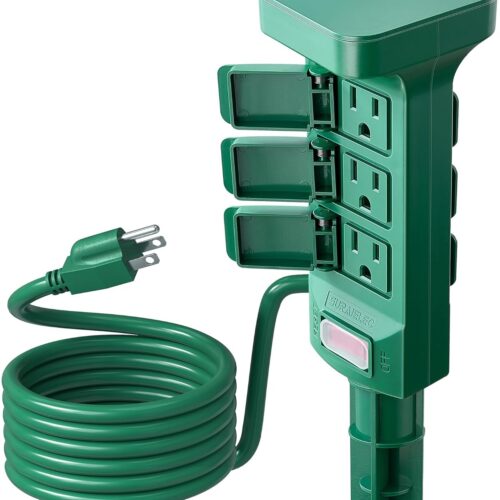 1 Outdoor Power Stake Waterproof, 6 Grounded Outlets Power Strip Weatherproof, 6FT Extension Cord Outlet for Yard, Garden, Christmas Light, Patio Lights, 1875W/15A, Green