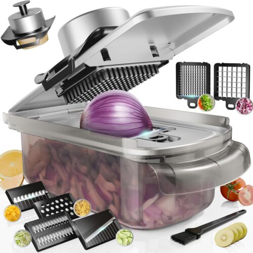 Vegetable Chopper Stainless Steel, 9-in-1 Mandoline Food Slicer for Kitchen, Veggie Chopper with Container