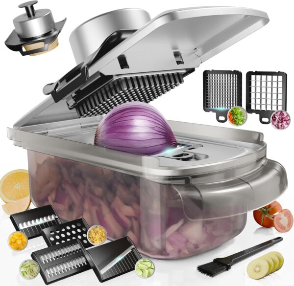Vegetable Chopper Stainless Steel, 9-in-1 Mandoline Food Slicer for Kitchen, Veggie Chopper with Container 1