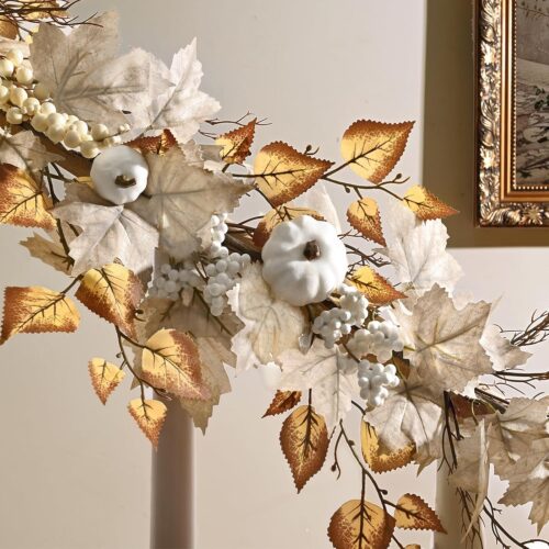 5.8ft Fall Garland with Lights Mantle Fireplace Autumn Garland with Pumpkins