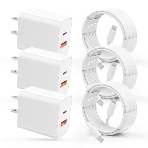1 USB C Charger iPhone Charger Fast Charging 3Pack 20W PD+QC3.0 USB A Dual Port Wall Charger Block with 6FT USB C to Lightning Cable Compatible with iPhone 14 Pro Max/13Pro/12/11/XS/XR/X