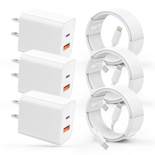 USB C Charger iPhone Charger Fast Charging 3Pack 20W PD+QC3.0 USB A Dual Port Wall Charger Block with 6FT USB C to Lightning Cable Compatible with iPhone 14 Pro Max/13Pro/12/11/XS/XR/X 1 iPhone Charger