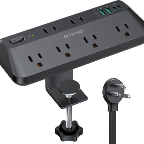 1 20W USB C Desk Clamp Power Strip - 1700J Surge Protector with 7 Outlets, Desktop Edge Mount Extension Cord, Fit 1.97" Tabletop, 6FT Flat Plug for Teacher Must Haves, Office, ETL List, Black