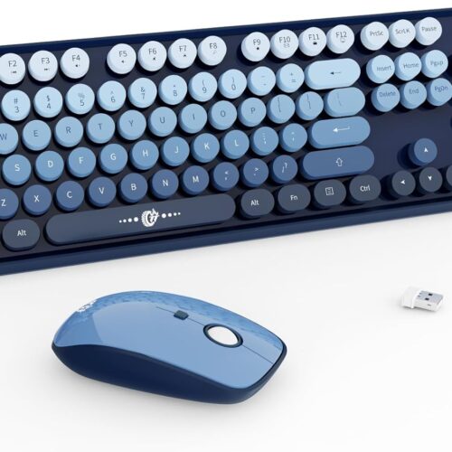 1 Wireless Keyboard and Mouse Combo - 2.4G Full-Sized Cute Colorful Mouse and Keyboard with 104 Round Keys Retro Typewriter Keyboard for Laptop/Windows/PC - Blue Gradient