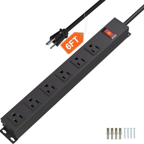 1 Power Strip with 6AC Outlets 6 Ft UL 14AWG Cord Straight Plug,Metal Wall Mount Heavy Duty Power Strip with Switch for Commercial,Industrial,School and Home,15A/125V/1875W,Black(6FT)