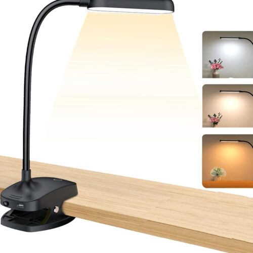 1 Desk Lamp Clip On Light-7W 2600mAH Flexible Gooseneck Battery Operated Rechargeable Reading Lamp with Clamp & Stepless Brightness for Desk,Piano,Bed Headboard and Computers