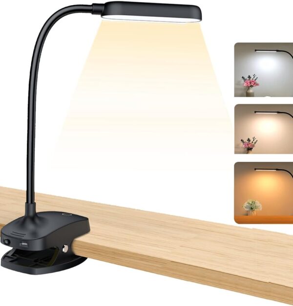 Desk Lamp Clip On Light-7W 2600mAH Flexible Gooseneck Battery Operated Rechargeable Reading Lamp with Clamp & Stepless Brightness for Desk,Piano,Bed Headboard and Computers 1 Lamp