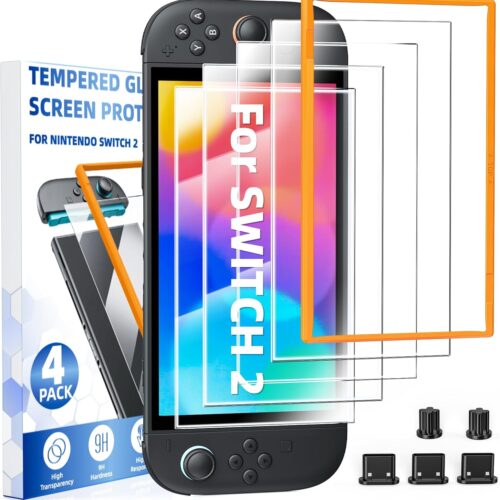 4-Pack Tempered Glass Screen Protector for Nintendo Switch 2 [7.9 inch] 2025, with Alignment Frame, Cleaning Kits, Ultra HD Screen Protector for Switch 2, with Soft Dust Proof Plug Kit for Switch 2
