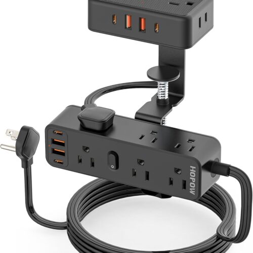 1 Dual Layer Desk Clamp Power Strip with 13 AC Outlets 8 USB (4 USB C), Fit 2.75" Tabletop, Desktop Edge Mounted Surge Protector (1700J),10 Ft Extension Cord, Desk Outlet for Office Home, Black
