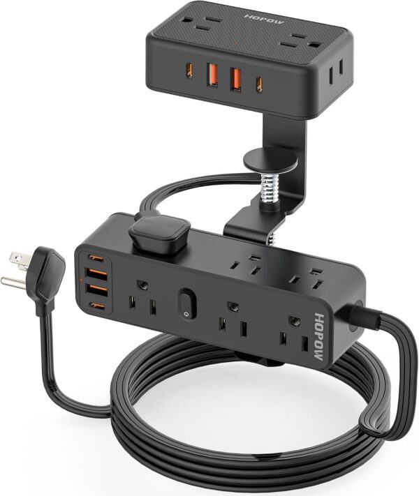 Dual Layer Desk Clamp Power Strip with 13 AC Outlets 8 USB (4 USB C), Fit 2.75" Tabletop, Desktop Edge Mounted Surge Protector (1700J),10 Ft Extension Cord, Desk Outlet for Office Home, Black 1 Clamp
